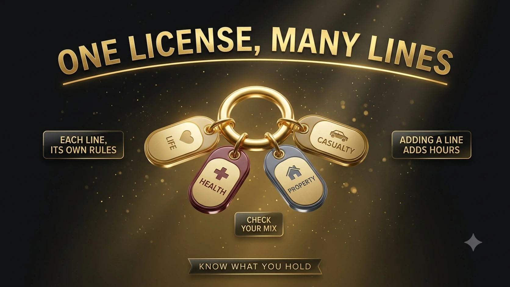 Four badge tags for life, health, property, and casualty fanned out from a central hub, representing how one license can cover several distinct lines of authority.