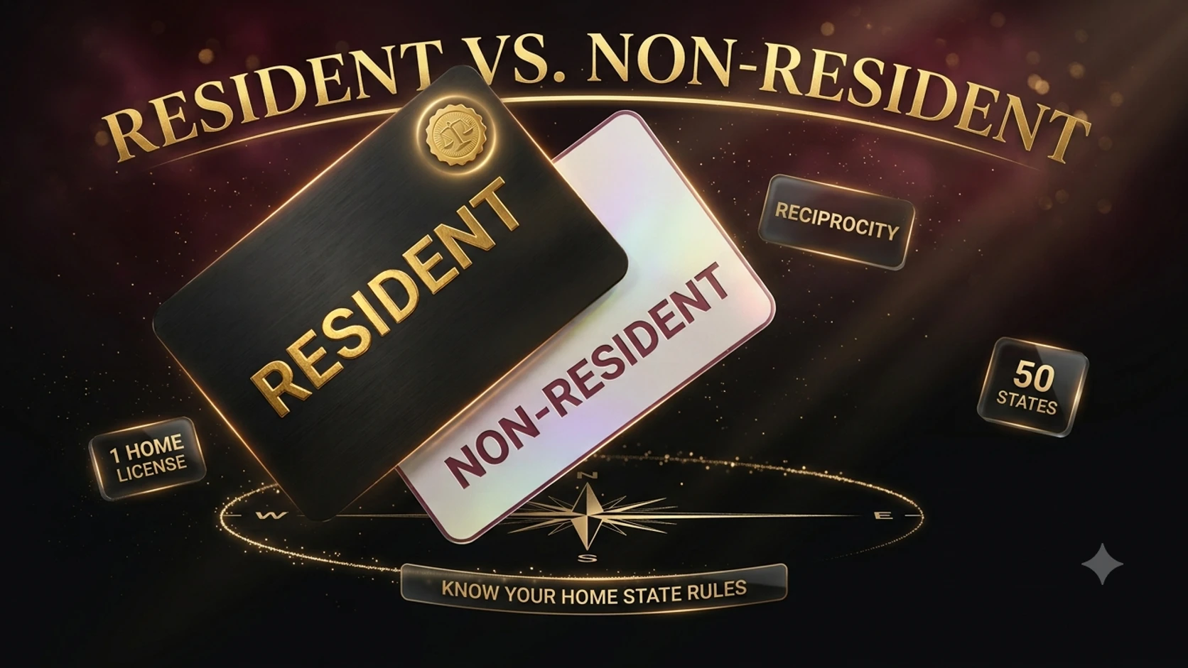 Two insurance license cards, one marked resident and one non-resident, illustrating how the same producer can face two different state CE rule sets.