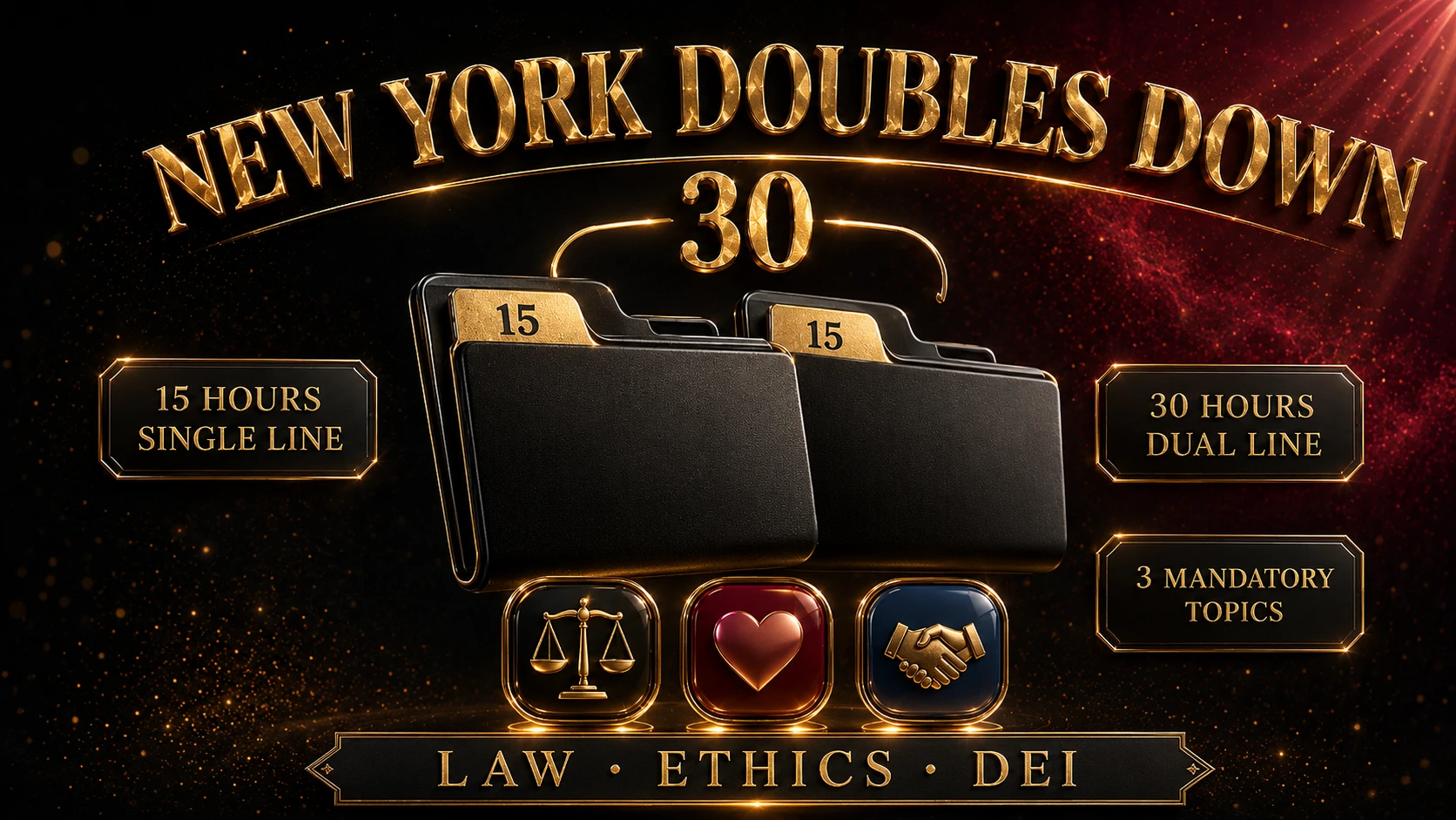 Two matching folders each labeled 15 hours combining into 30, representing how New York doubles CE hours for producers holding two major license lines.