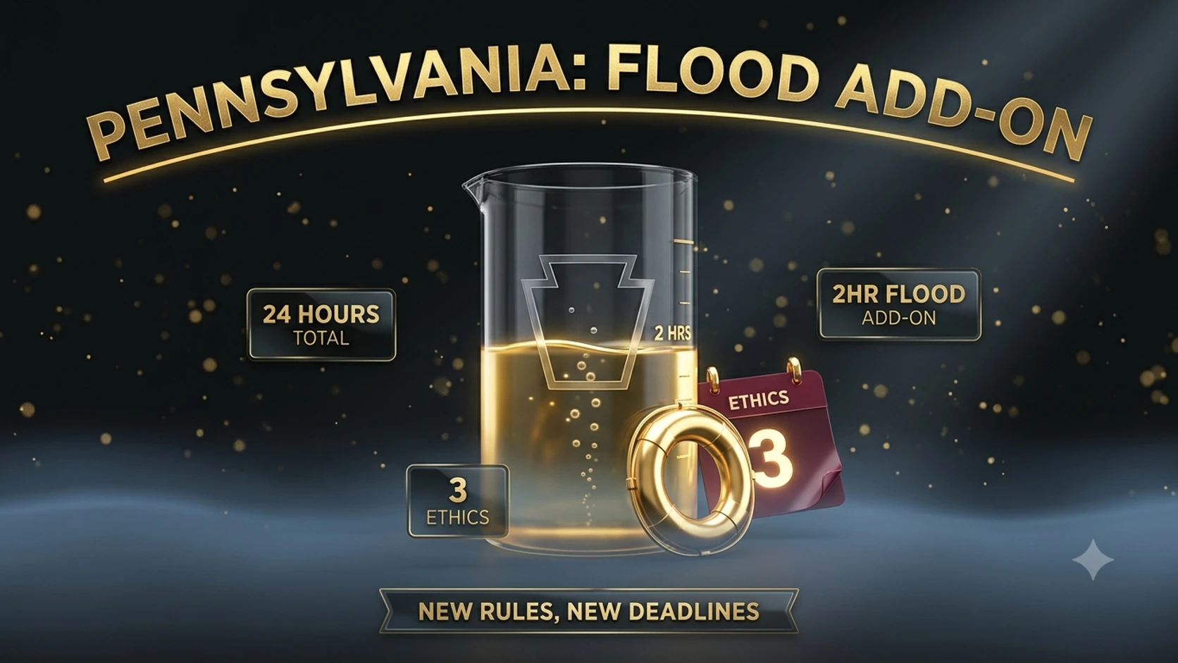 A glass measuring tank marked with a keystone emblem filling toward a 2-hour line, representing Pennsylvania's new flood insurance CE add-on.
